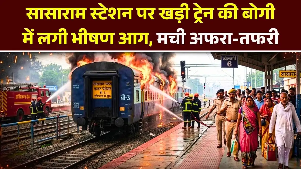 सासाराम स्टेशन पर खड़ी ट्रेन की बोगी में लगी भीषण आग, मची अफरा-तफरी 